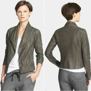 Vince Leather Scuba Jacket in Olive Green. Size XS